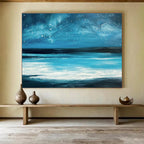 Blue Night Sky with Stars Over Turquoise Sea Seascape Painting On Canvas DKS104