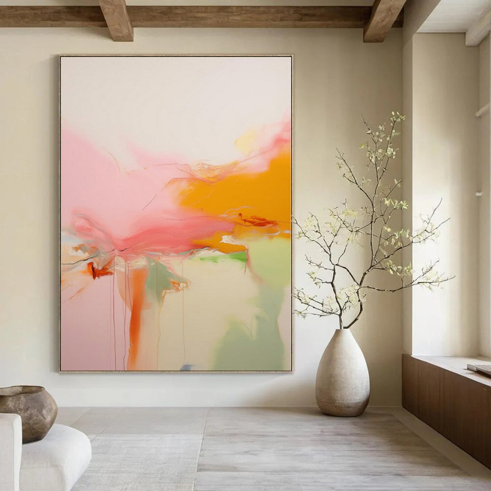 Pink, Orange, Green and White with Flowing Forms "Blush Breeze" Abstract Painting On Canvas PS1176