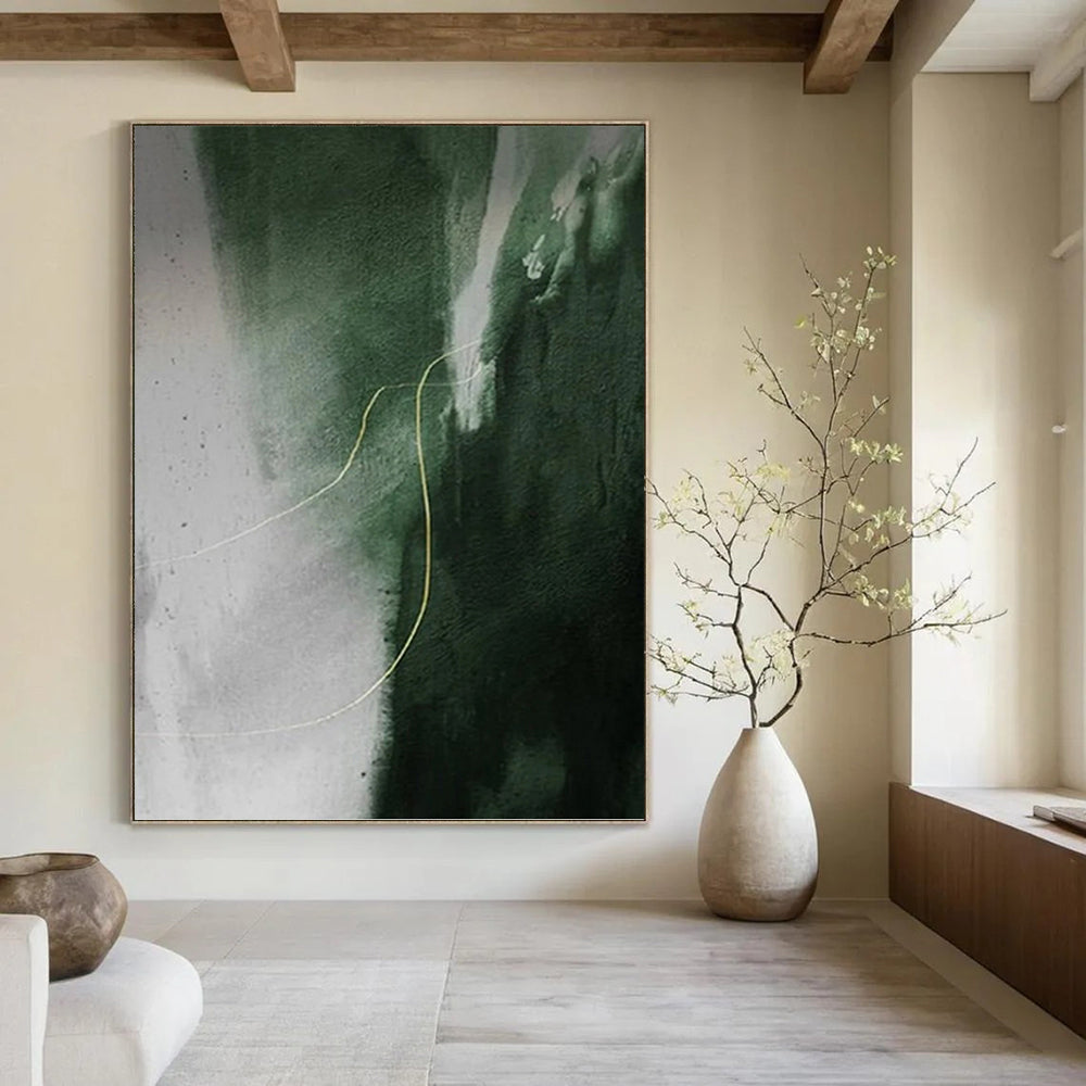 “Green - Grey Abstract with Gold Line” - Minimalist Abstract Painting On Canvas PT1209