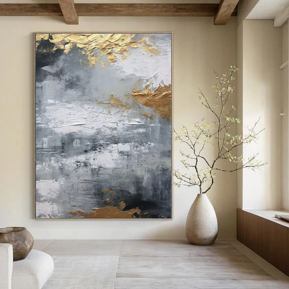 Gray, Gold, White with Textured Abstract "Textured Gilding" Abstract Painting On Canvas PS1261