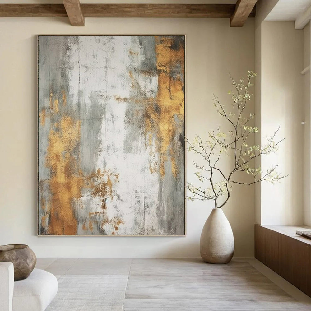 Gray, Gold, White with Textured Layers "Gilded Whispers" Abstract Painting On Canvas PS1271