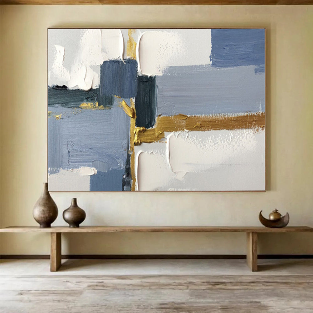 Blue - Gray Blocks with Gold Accents - Minimalist Abstract Painting On Canvas DKS311