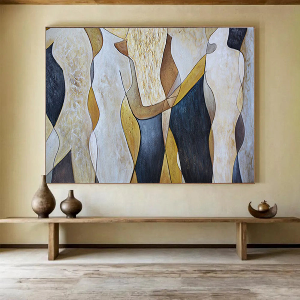 “Abstract Human Forms” - Beige, Black & Gold Figurative, Modern Oil Painting On Canvas DKS731