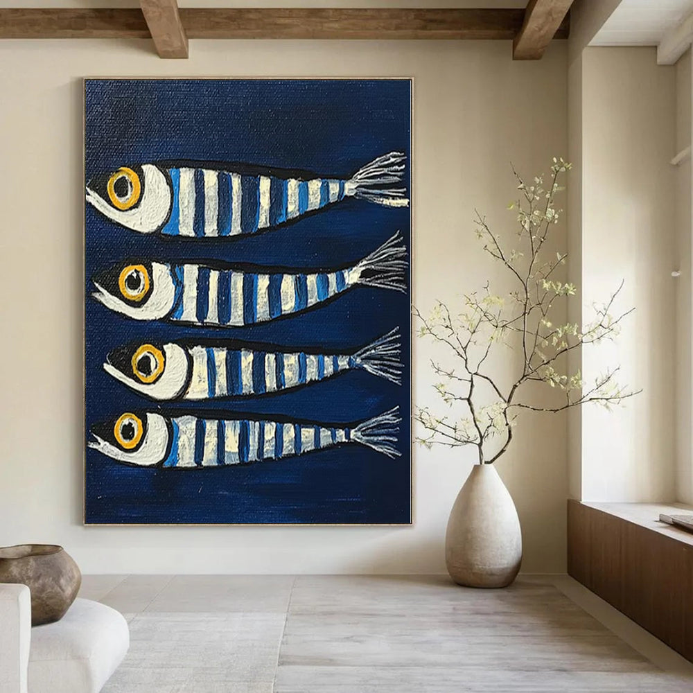 Blue, White, Yellow with Striped Fish "Sea Stripes" Naive Art Painting On Canvas PS1189