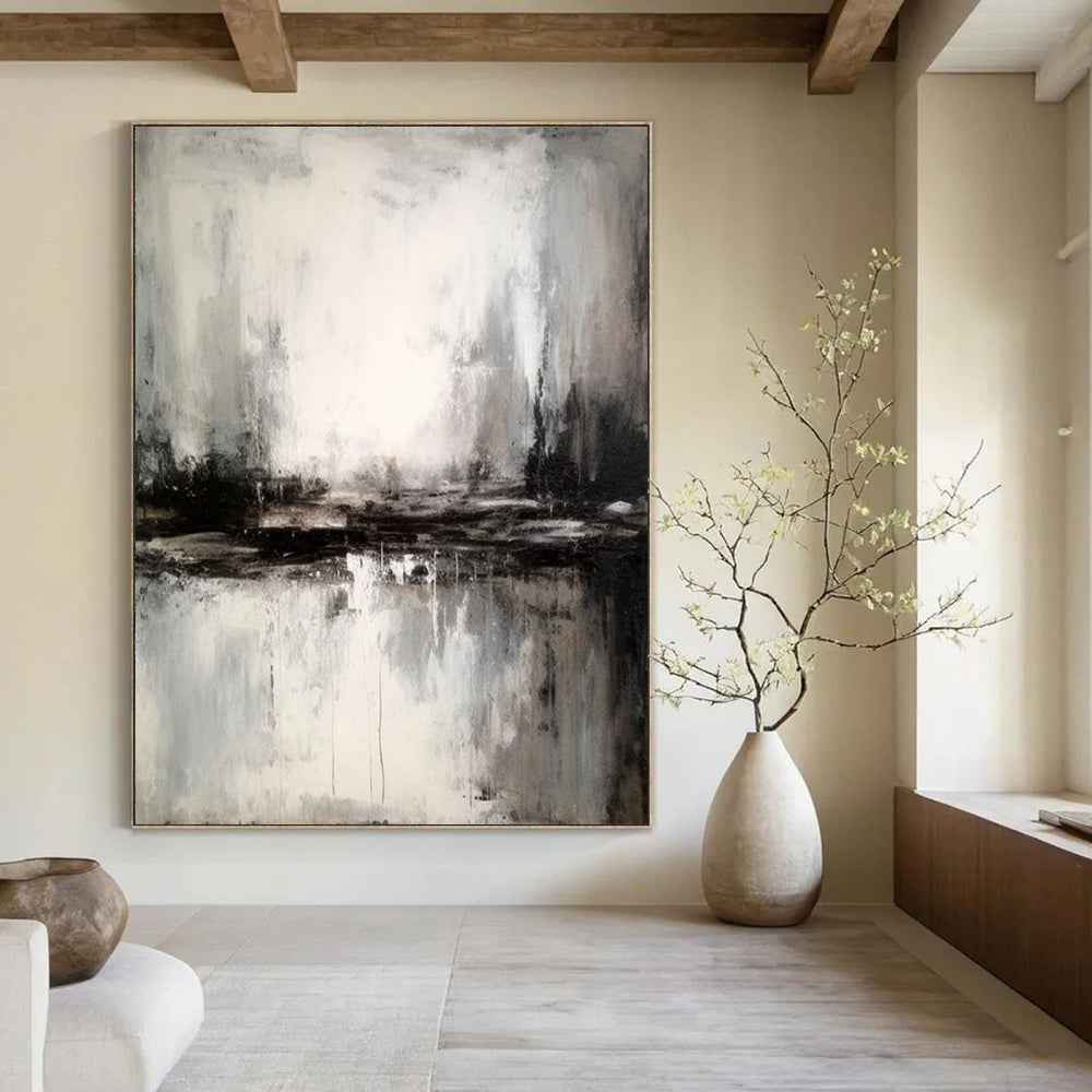Gray and Black Reflective Abstract, "Misty Lagoon" – Abstract Landscape Painting On Canvas PS0922