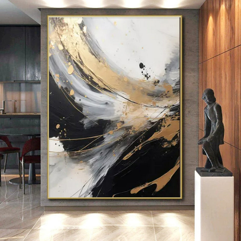 Black, White, Gold & Gray Dynamic Swirl "Midnight Gleam" Painting On Canvas PS0847