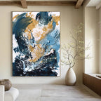 “Blue, Gold & White Abstract Splash” - Dynamic Colors with Energetic Marks Painting On Canvas DS234