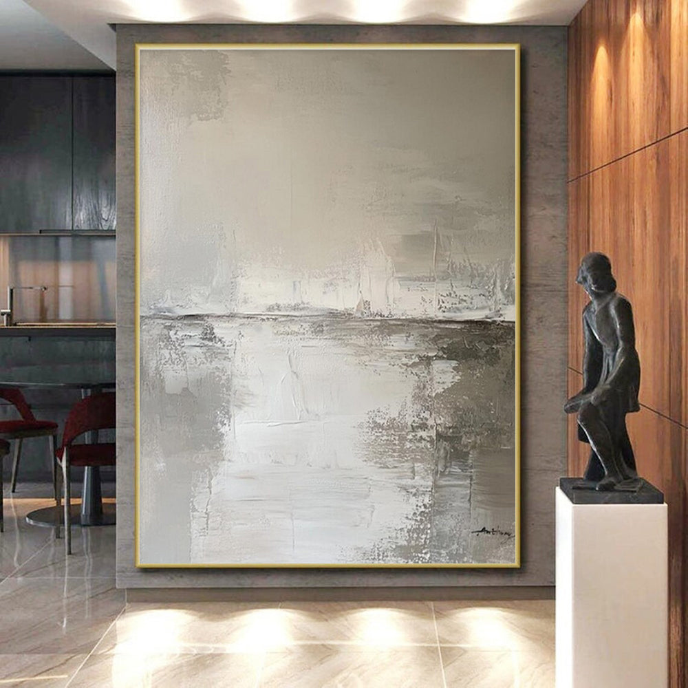 “Monochrome Abstract Landscape” - Gray, White Abstract Landscape Painting PS0772