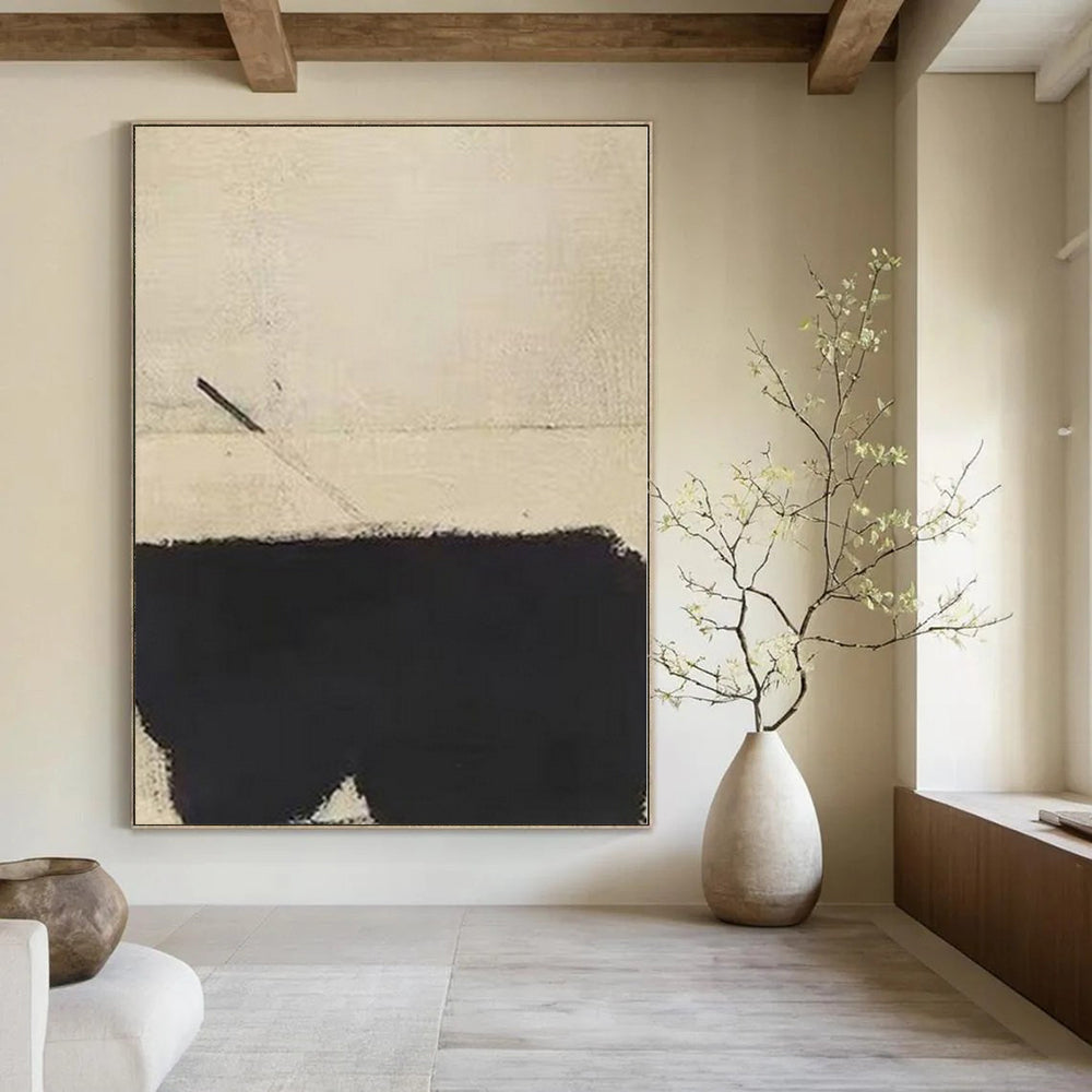 Beige and Black with Stark Contrast "Monochrome Balance" Abstract Painting On Canvas PS1166