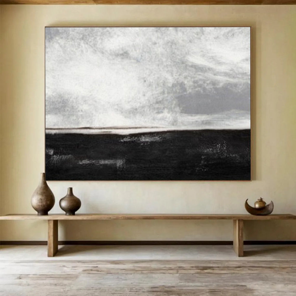“Black - White Minimalist Horizon” - Monochromatic Calm “Nightfall Shore” Painting On Canvas PT1666