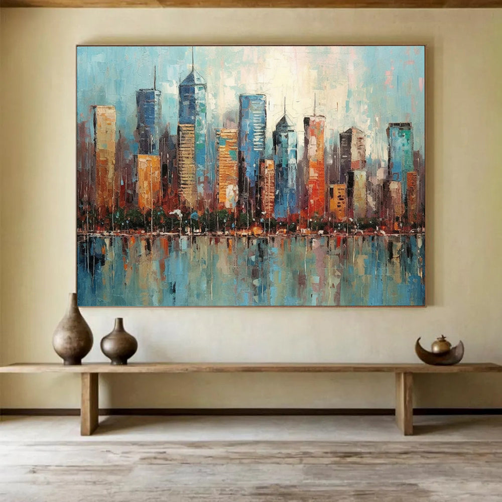 “Colorful Cityscape Reflection” - Impasto Urban Painting On Canvas PT077