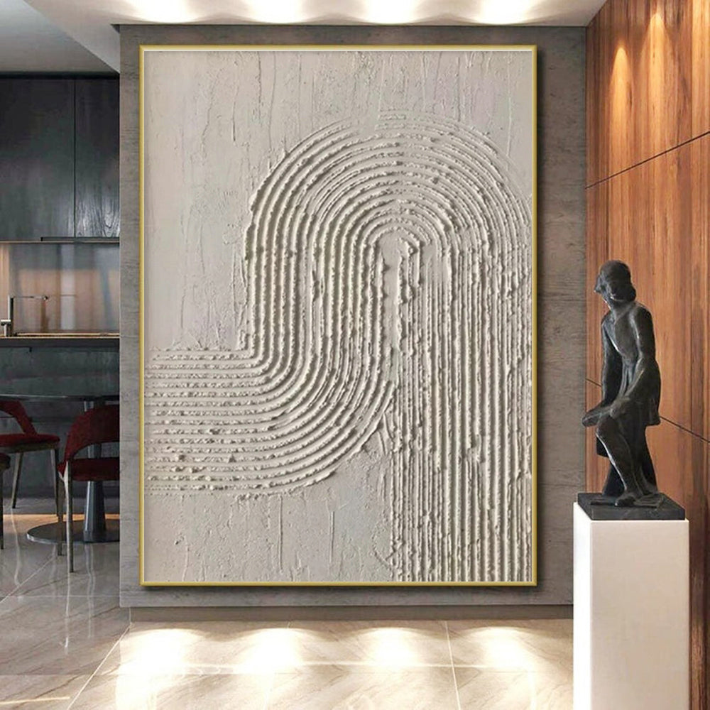 “Textured White Curved Lines” - White, Light - colored Abstract Textured Painting PS0596