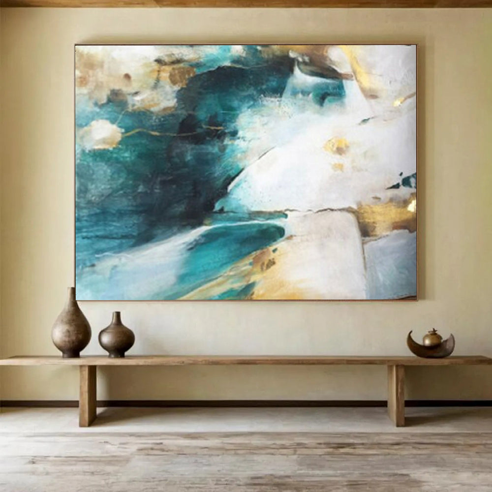 “Teal - Gold Abstract Flows” - Flowing Teal “Aqua Gleam” Painting On Canvas PT1635