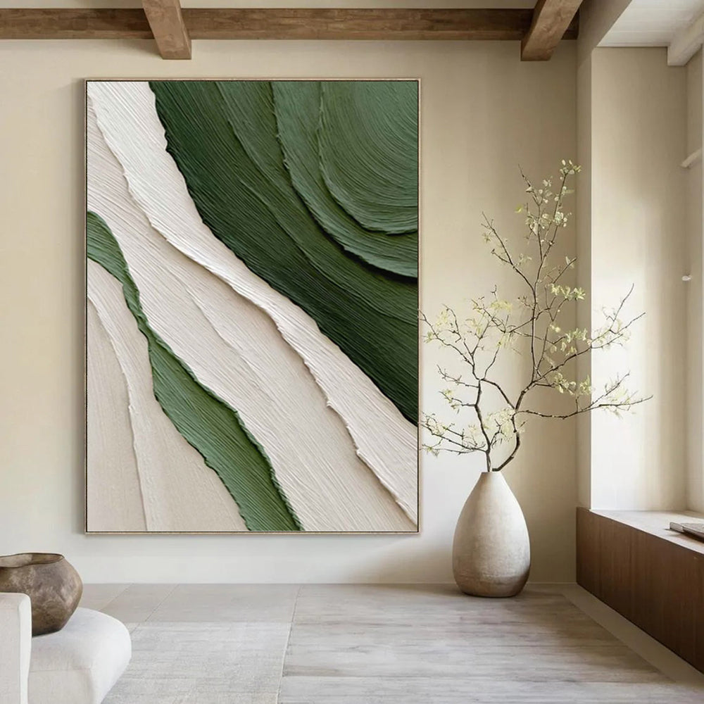 “Green & Beige Textured Waves” - Green, Beige, Layered Abstract Painting On Canvas PT1481