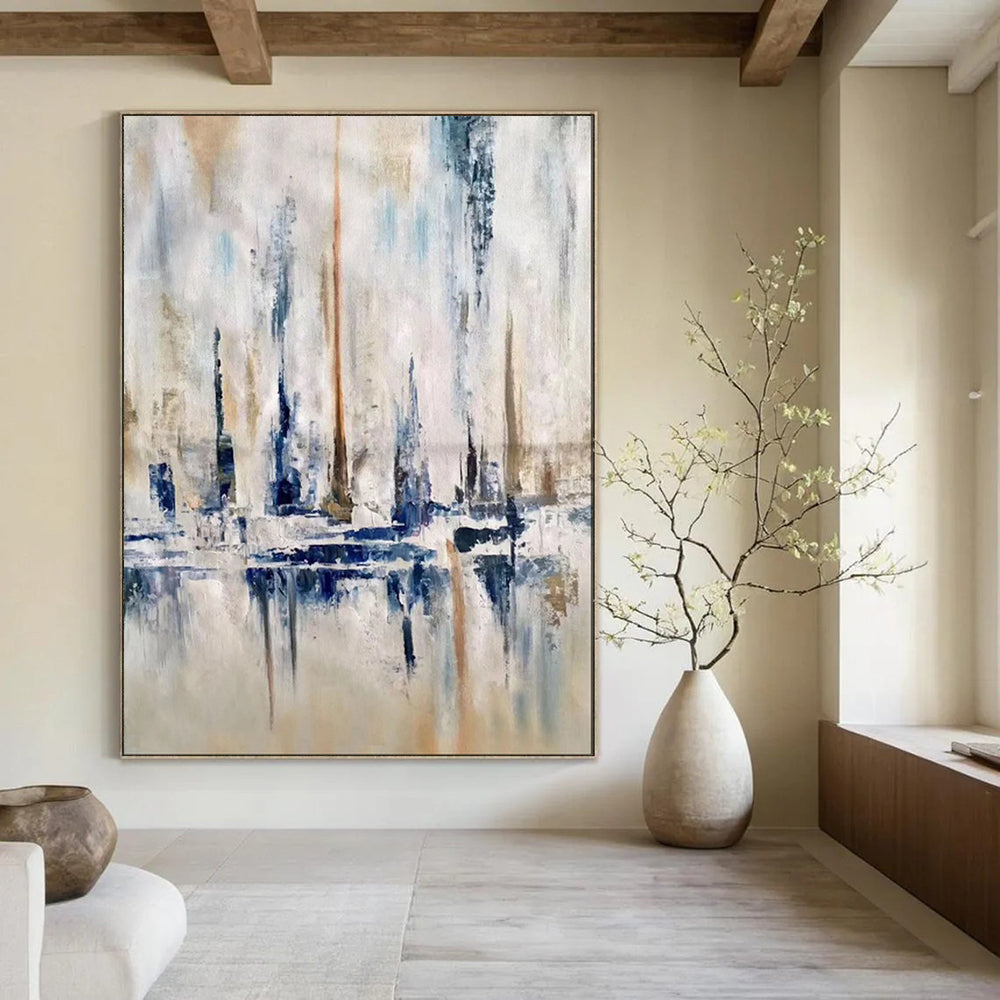 “Cityscape in Blue - Beige Abstract” - Urban Abstract Painting On Canvas PT1959