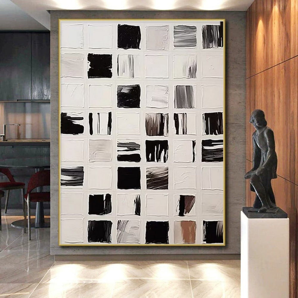 “Black & White Grid Textures” - Black, White Abstract Minimalist Painting On Canvas PS0676
