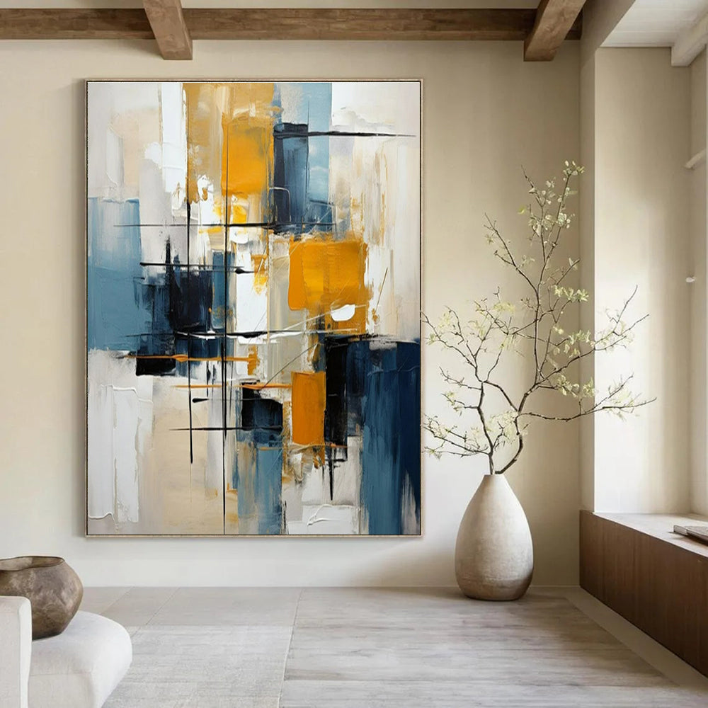 Blue, Yellow, Black, White with Dynamic Strokes "Urban Energy" Abstract Painting On Canvas PS1435