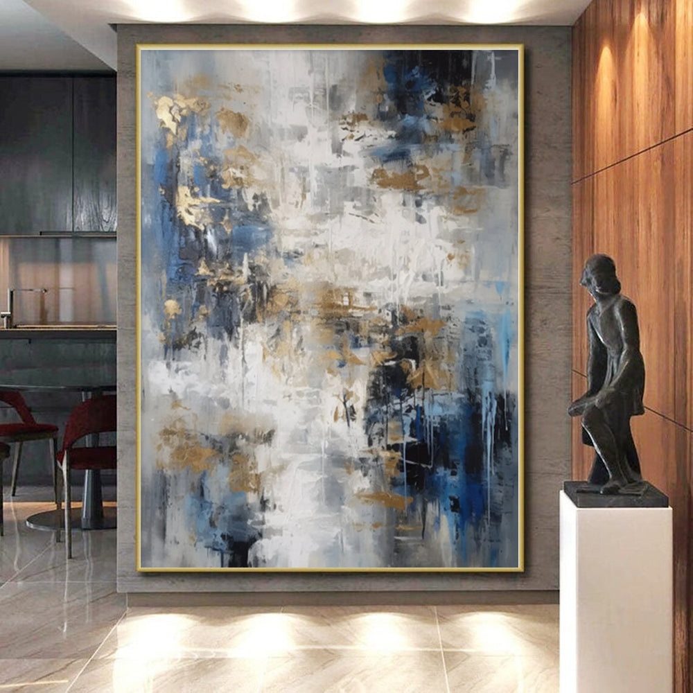 “Blue - Gray - Gold Dynamic Abstraction” - Blue, Gray, Gold Abstract Painting On Canvas PS0537