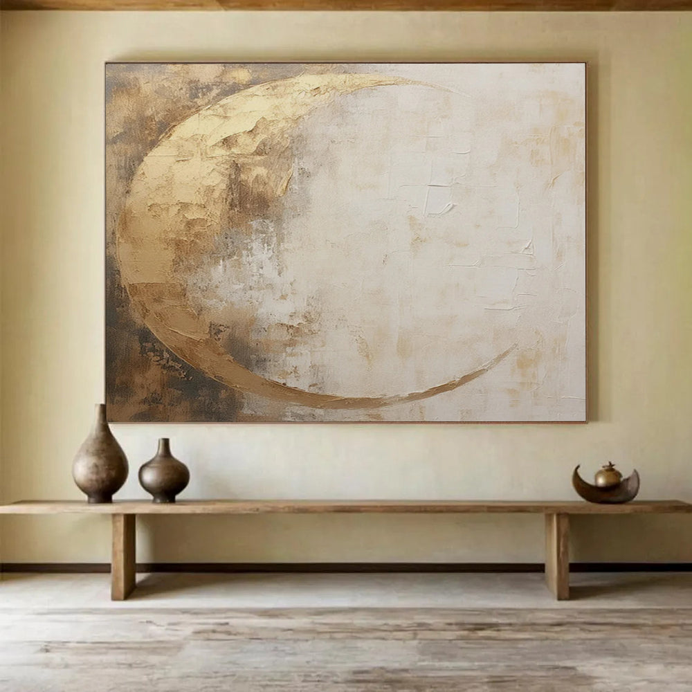 “Gold and Beige Abstract Moon” - Textured Minimalist Painting On Canvas PT081