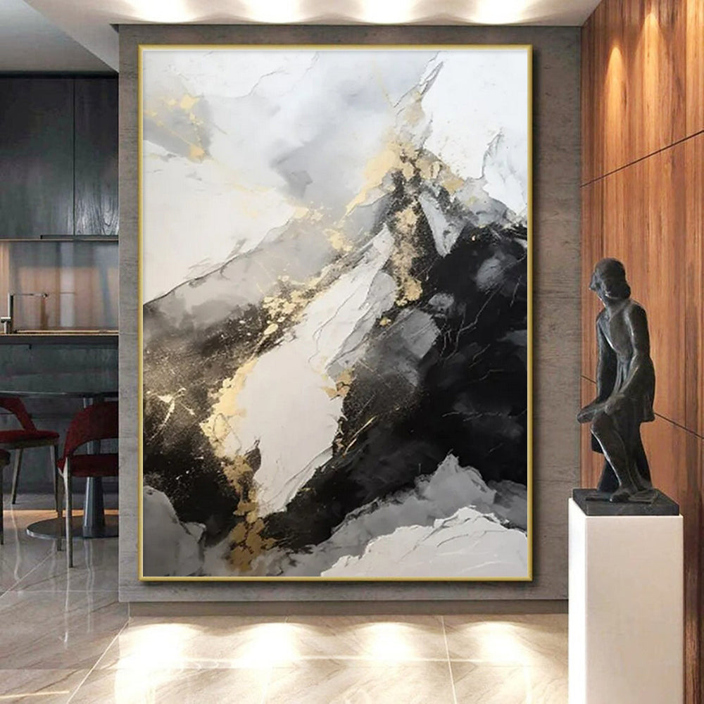 White, Gray, Black & Gold Abstract "Marble Peaks" Painting On Canvas PS0871