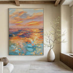 “Rainbow - Hued Impasto Ocean Sunset” - Impasto Landscape Painting On Canvas PT1898
