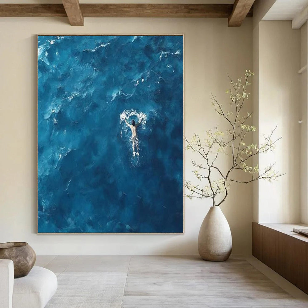 Aerial View of Swimmer in Deep Blue Water "Solitude at Sea" Photorealistic Painting On Canvas PS1065