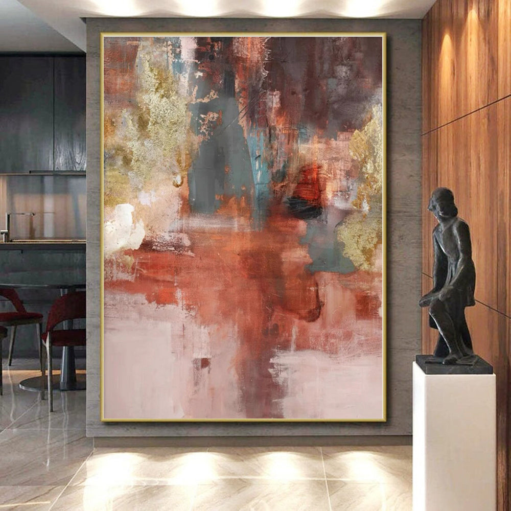 “Red - Gold - Teal Abstract Fusion” - Red, Gold, Teal Abstract Textured Painting On Canvas PS0583