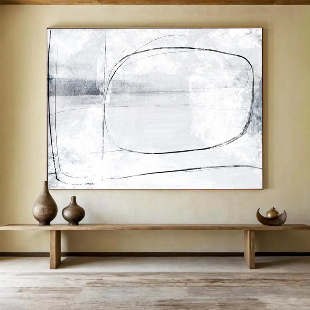 “Minimalist Black and White Line Abstract” - Delicate Abstract Painting On Canvas PT140