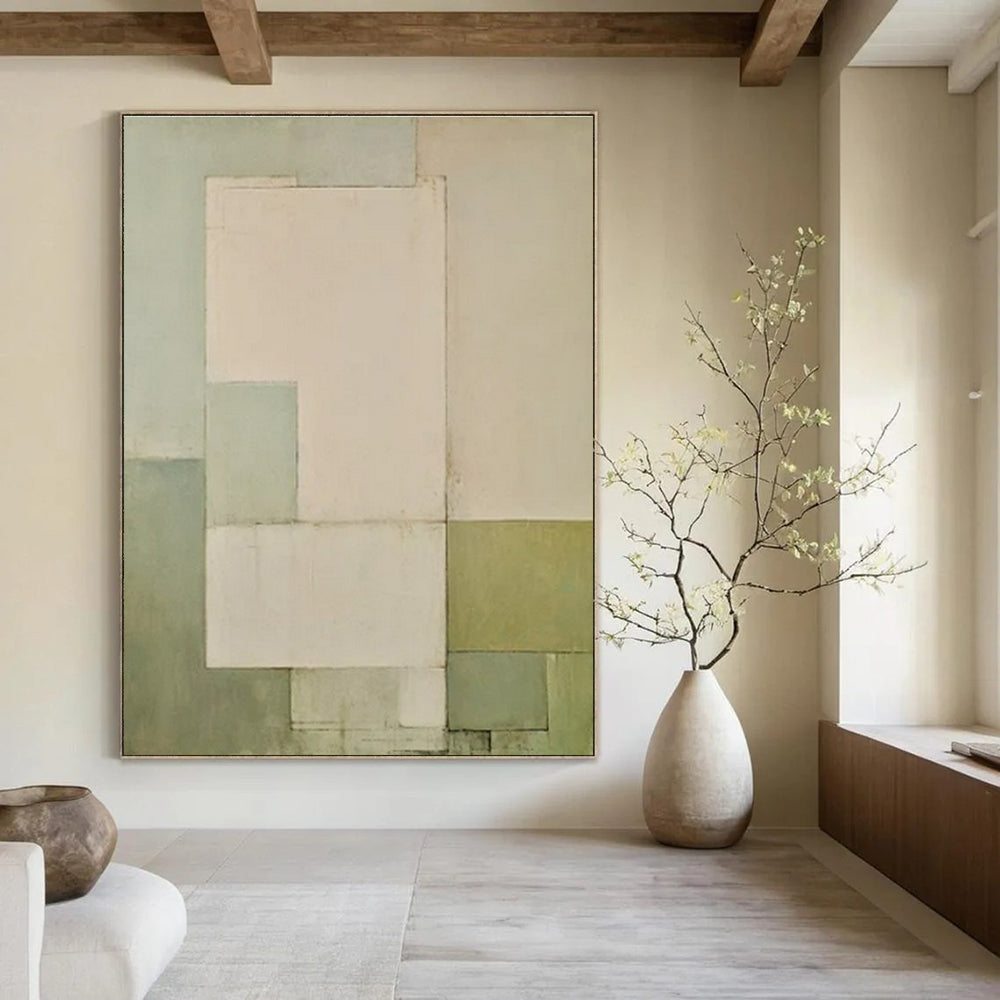 Light Green, Gray, Beige with Subtle Rectangles "Soft Structure" Abstract Painting On Canvas PS1444