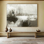 “Gray - White Abstract Horizon” - Muted Tones “Foggy Shore” Painting On Canvas PT1672