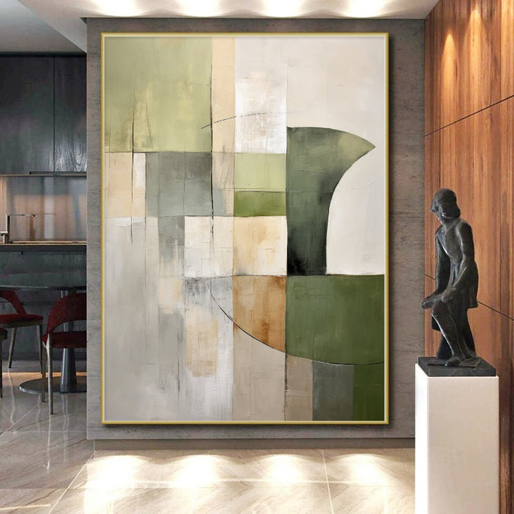 “Green - Gray Geometric Blocks” - Green, Gray Abstract Geometric Painting On Canvas PS0394