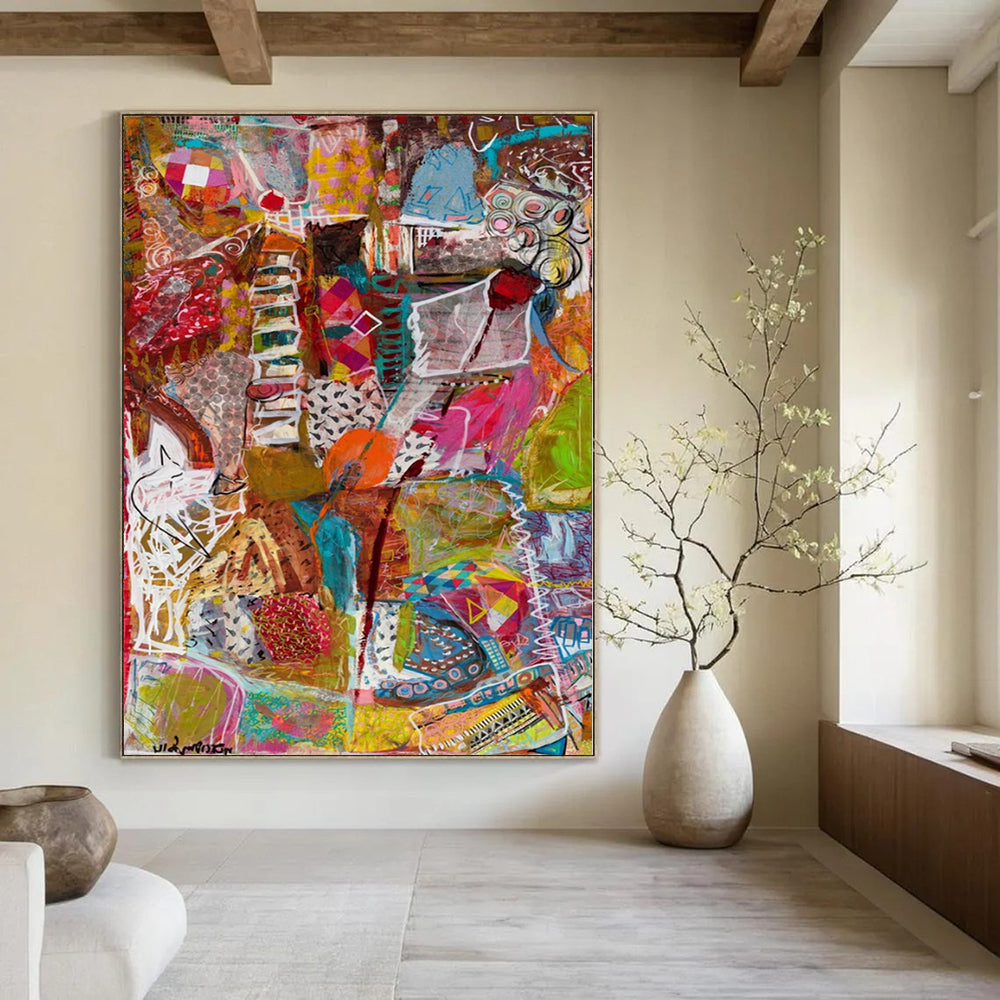 Colorful Collage - Style Abstract "Vibrant Chaos" Mixed - Media Painting On Canvas PS1083