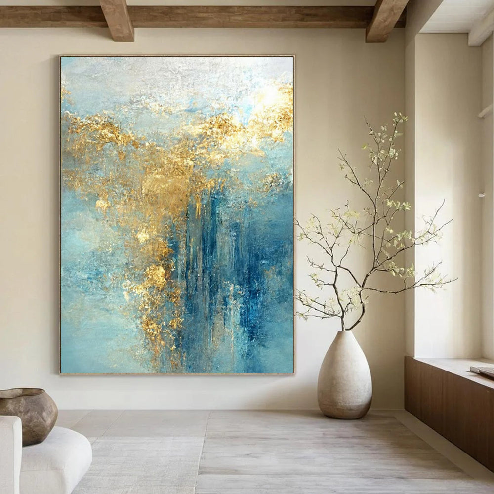 Blue, Gold, and Teal Flowing, "Celestial Current" – Abstract Fluid Painting On Canvas PS1010