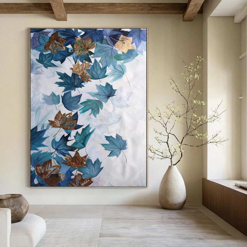 “Blue - Gold Leaf Pattern” - Painting On Canvas PT2078