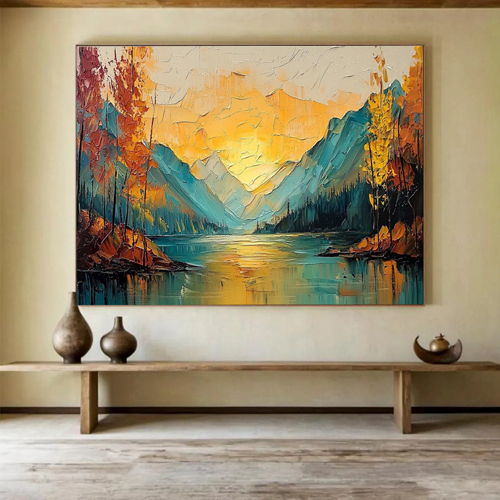 “Sunset - Lit Mountain Lake” - Impasto Oil Painting on Canvas DKS907
