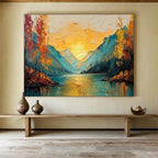 “Sunset - Lit Mountain Lake” - Impasto Oil Painting on Canvas DKS907