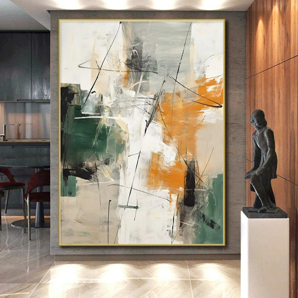 “Green - Orange - Grey Abstract Dynamic Strokes” Painting On Canvas PS0841