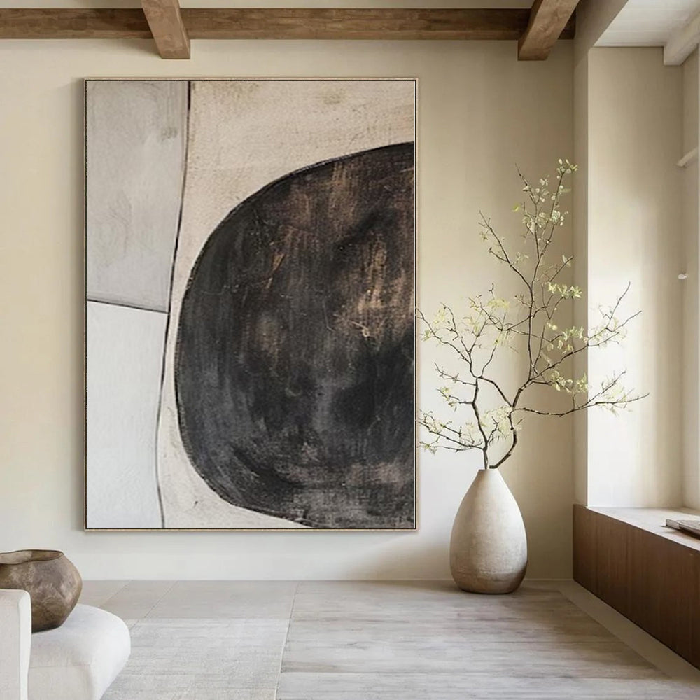 Beige and Black Circular Shapes "Organic Minimalism" Abstract Painting On Canvas PS1081