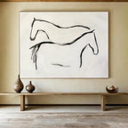 “Minimalist Horse Silhouettes” - Black & White Figurative, Simplistic Ink Painting On Canvas DKS751