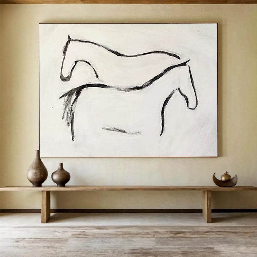 “Minimalist Horse Silhouettes” - Black & White Figurative, Simplistic Ink Painting On Canvas DKS751