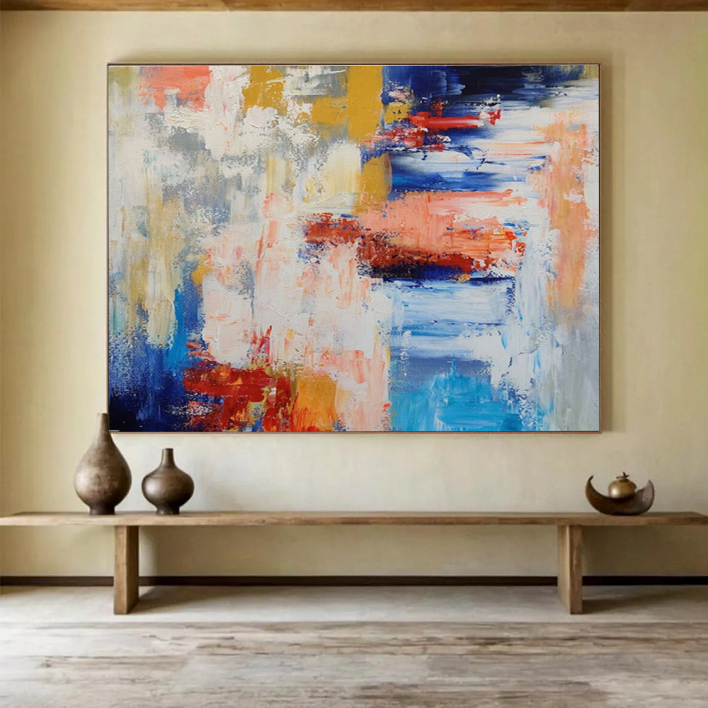 Color Clash: Blue, Yellow, Red & Gray Abstract Expressionist Painting for Art Gallery & Creative Hub DKS646