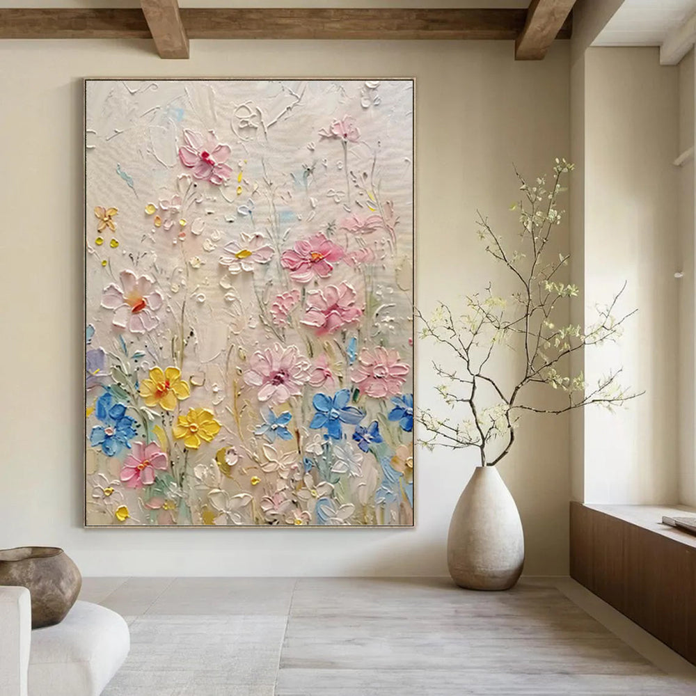 “Textured Colorful Flower Field” - Impasto Botanical Painting On Canvas PT1000