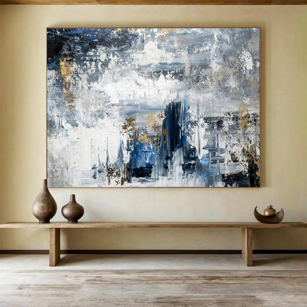 “Blue - Gold Abstract Textures” - Cool Blue “Urban Gold” Painting On Canvas PT1623