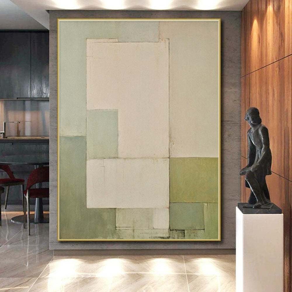 “Pale Green Geometry” - Pale Green, Beige Abstract Geometric Painting On Canvas PS0399