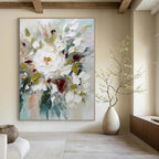 White, Pink, Green Flowers with Textured Petals "Colorful Textured Blooms" Impressionist Painting On Canvas PS1332