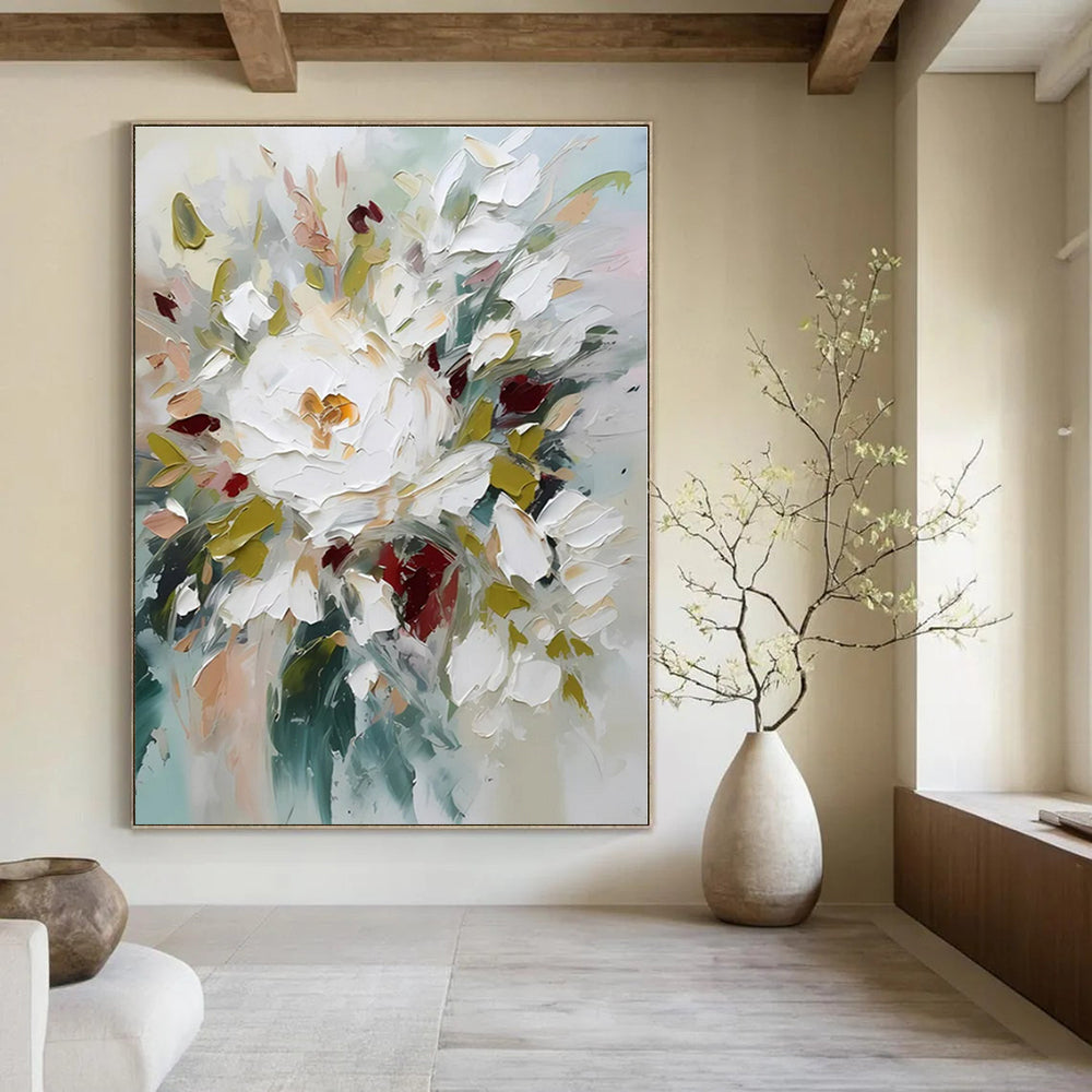 White, Pink, Green Flowers with Textured Petals "Colorful Textured Blooms" Impressionist Painting On Canvas PS1332