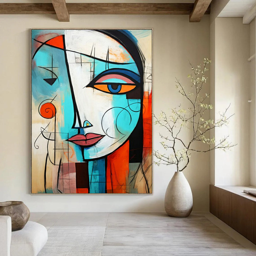 “Cubist Face in Blue and Orange” - Cubist Acrylic Painting On Canvas PT2213