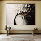 “Elegant Floral Swirl” - White, Black & Gold Floral, Textured Oil Painting On Canvas DKS748