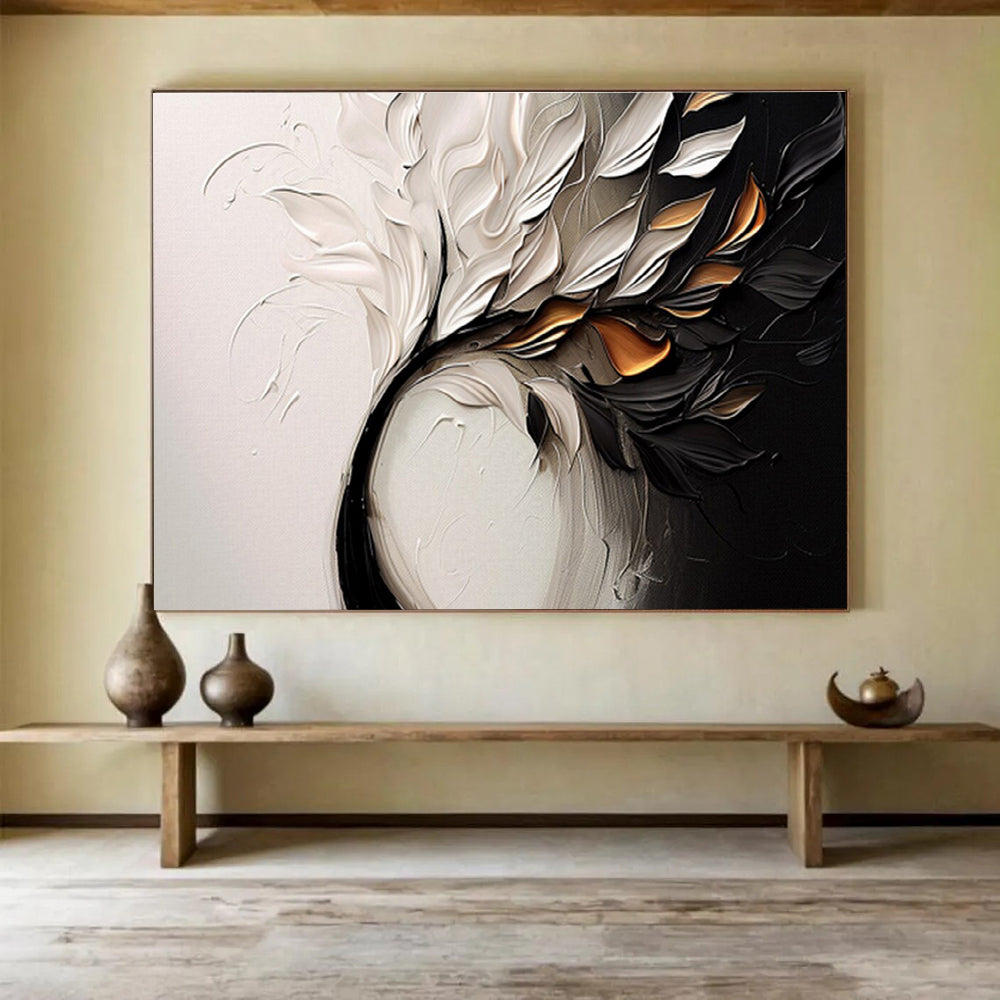 “Elegant Floral Swirl” - White, Black & Gold Floral, Textured Oil Painting On Canvas DKS748