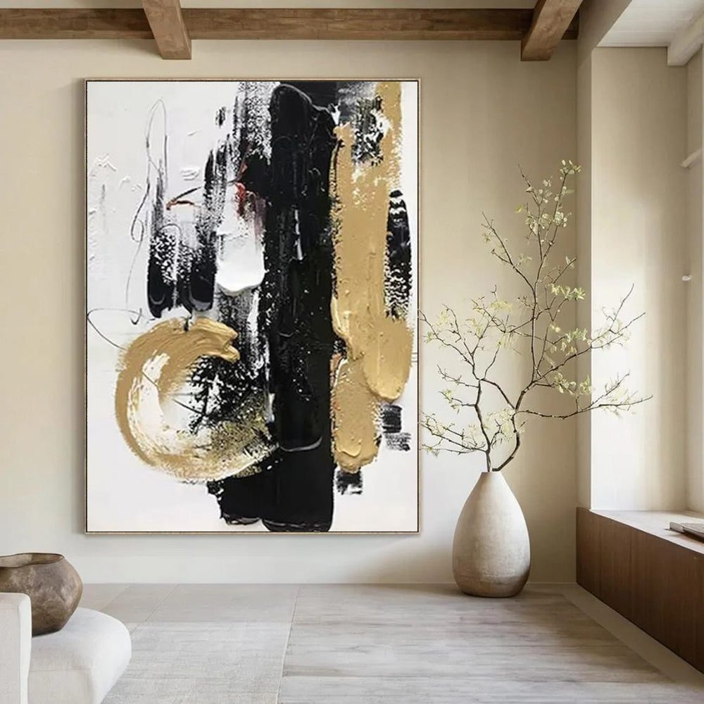 “Black & Gold Dynamic” - Bold Strokes & Metallic Accents Painting On Canvas DS146